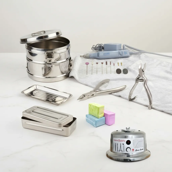 COMBO PODOLOGICO PROFESIONAL: Bandeja + Caja Grande + Algodonero Grande + Alicate Recto + Alicate Curvo + Esterilizador de Cuarzo + Torno Egeo + Campo Podológico 2 Capas + Podoclam de Regalo