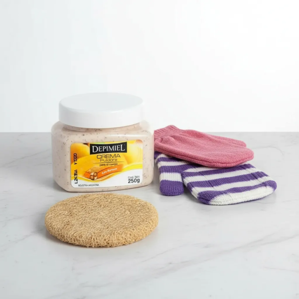 COMBO EXFOLIANTE: 2 Manoplas+ Esponja + Crema Pulidora Depimiel x250ml